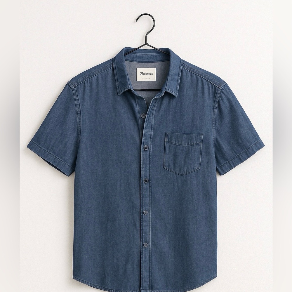 Men's Vintage Authentic Blue Denim Short-Sleeve Button-Up Shirt